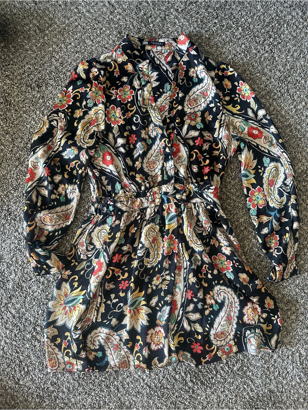 Zara Black Paisley Floral Shirt Dress with Red and Cream Accents